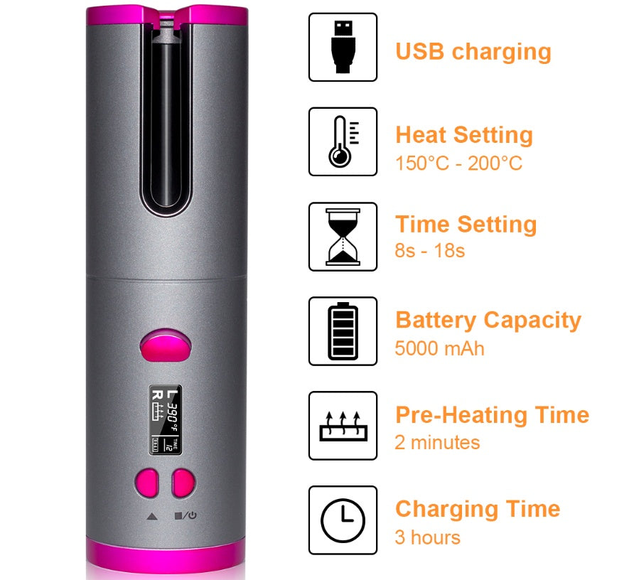 USB Wireless Automatic Curling Iron | Rechargeable Multifunctional Hair Curler with 6 Temperature & Time Settings