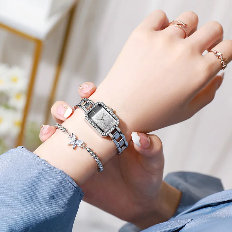 Luxury Square Crystal Women’s Quartz Watch | Minimalist Stainless Steel Bracelet Timepiece