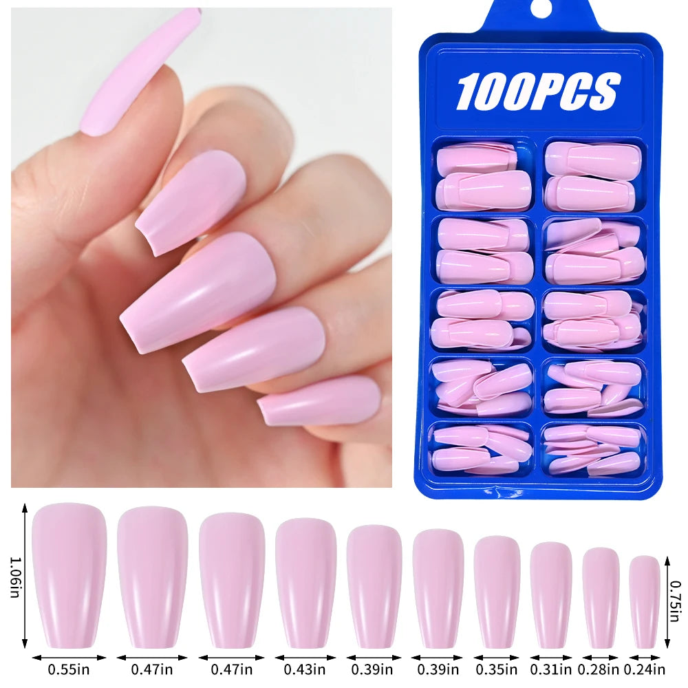 Light Pink Press-On Nails | 100pcs Short & Medium Square Full | Cover Nail Tips