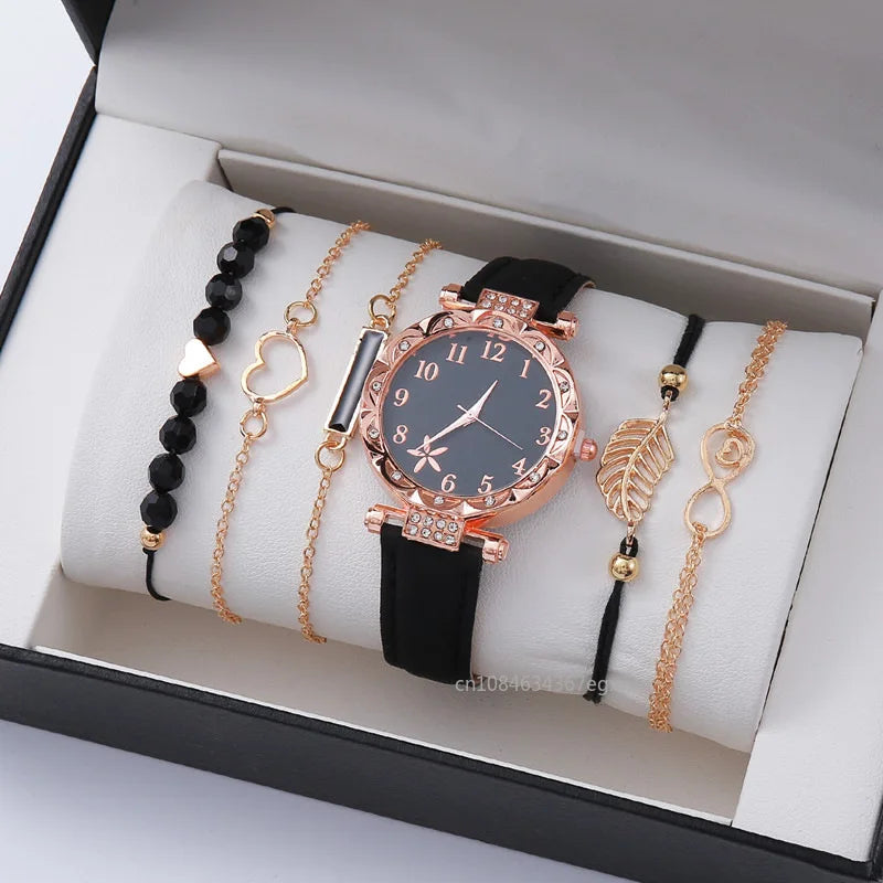 6-Piece Luxury Women’s Watch & Bracelet Set | Leather Quartz Wristwatch Collection
