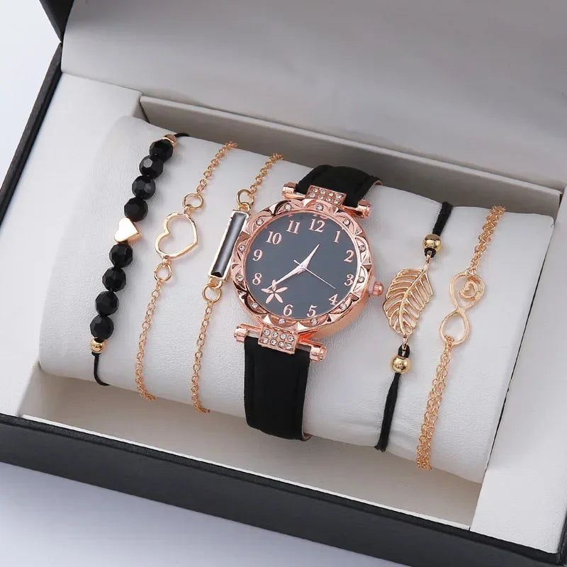6-Piece Luxury Women’s Watch & Bracelet Set | Leather Quartz Wristwatch Collection