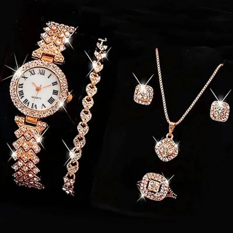 Women’s Quartz Watch & Bracelet Gift Set | 6-Piece Elegant Accessory Set