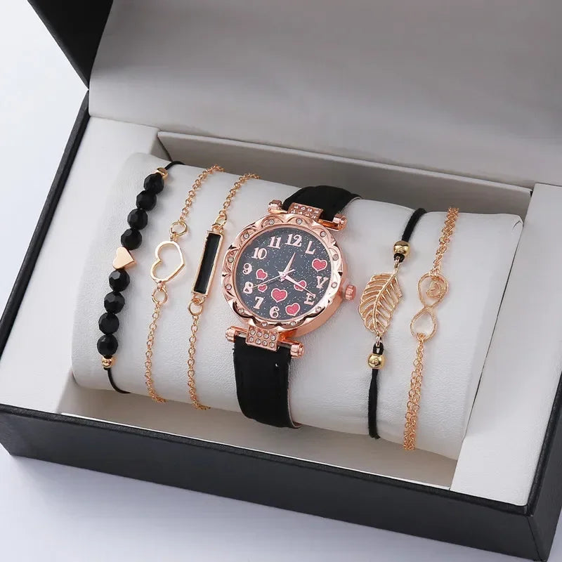 6-Piece Luxury Women’s Watch & Bracelet Set | Leather Quartz Wristwatch Collection