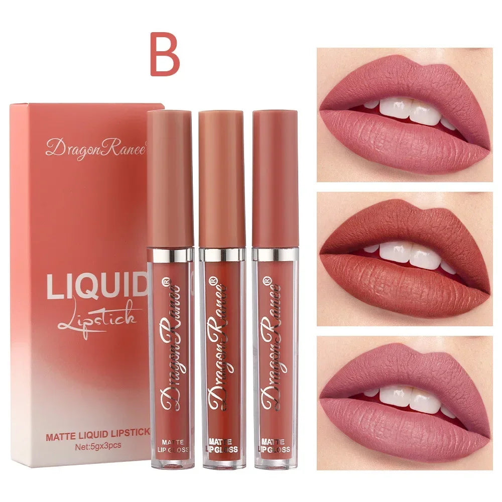 3-Pack Velvet Matte Lipstick & Lip Gloss Set | Milk Tea, Orange & Bean Paste Shades