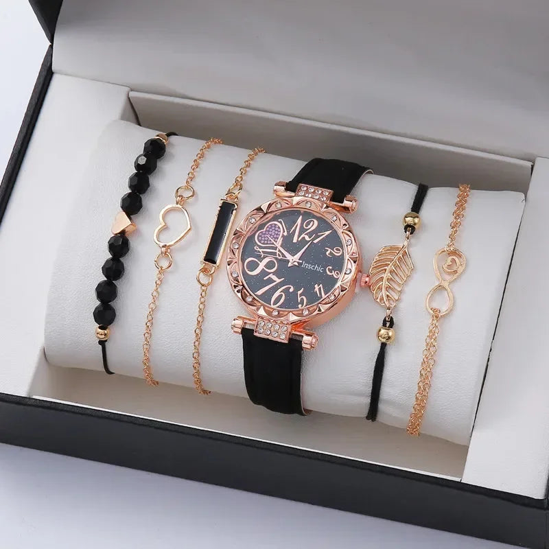6-Piece Luxury Women’s Watch & Bracelet Set | Leather Quartz Wristwatch Collection