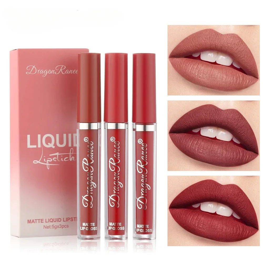 3-Pack Velvet Matte Lipstick & Lip Gloss Set | Milk Tea, Orange & Bean Paste Shades