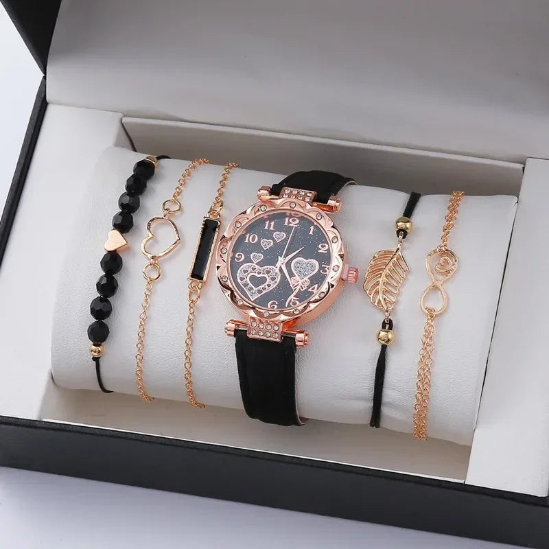 6-Piece Luxury Women’s Watch & Bracelet Set | Leather Quartz Wristwatch Collection