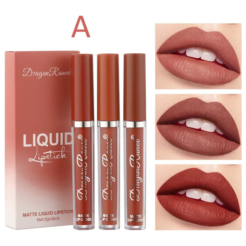 3-Pack Velvet Matte Lipstick & Lip Gloss Set | Milk Tea, Orange & Bean Paste Shades