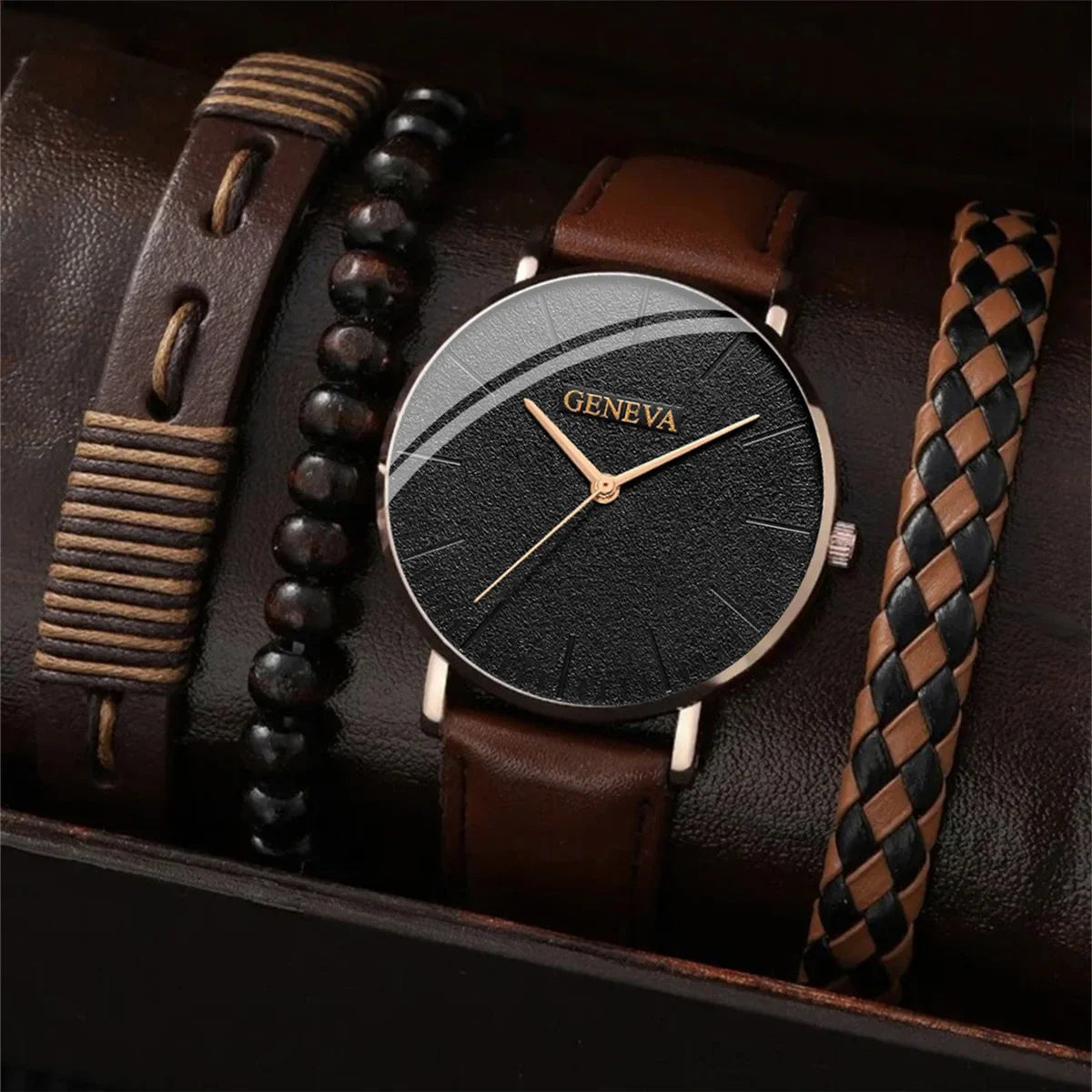 Men’s Luxury Quartz Watch & Bracelet Set – Brown Leather Strap | Smart Casual Business Style