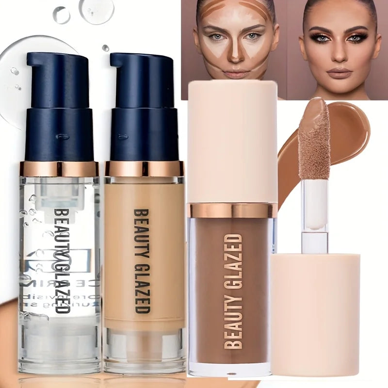 BEAUTY GLAZED 3-Piece Face Makeup Set | Liquid Foundation, Primer & Liquid Contour | Natural, Weightless & Long-Wearing