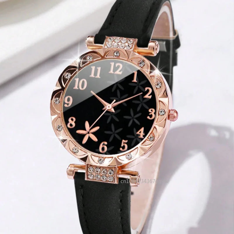 6-Piece Luxury Women’s Watch & Bracelet Set | Leather Quartz Wristwatch Collection