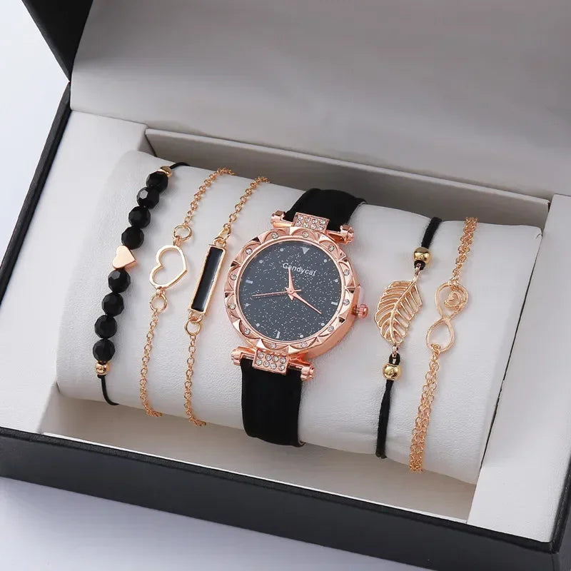 6-Piece Luxury Women’s Watch & Bracelet Set | Leather Quartz Wristwatch Collection