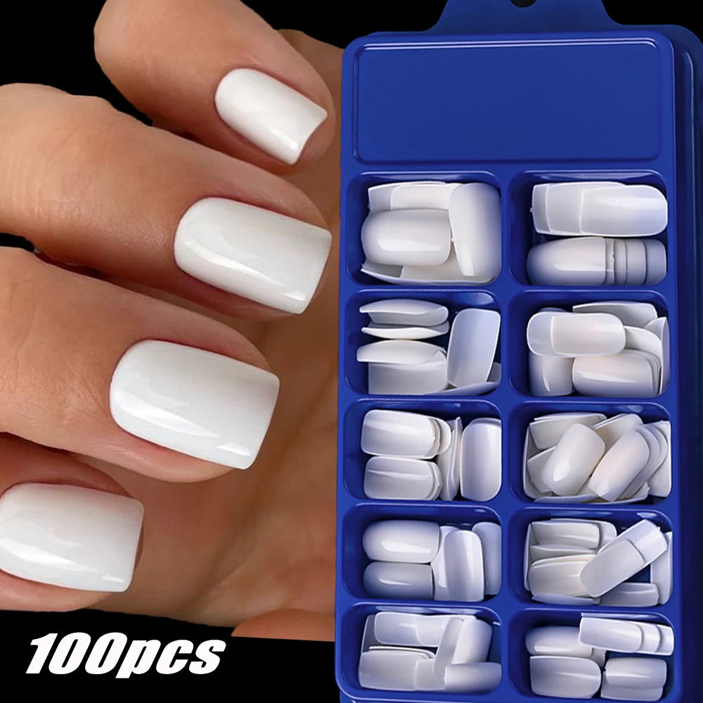 Light Pink Press-On Nails | 100pcs Short & Medium Square Full | Cover Nail Tips