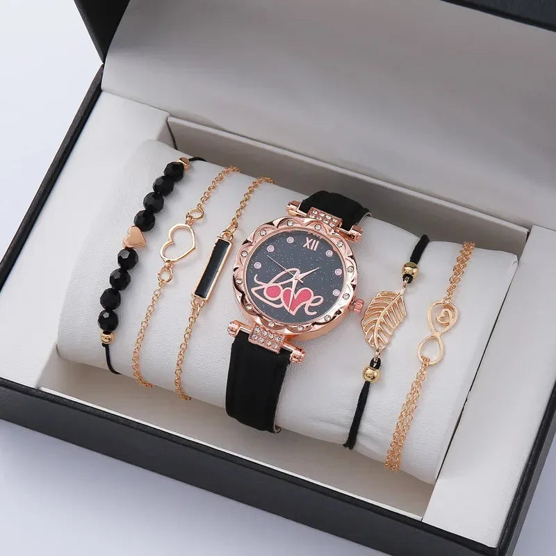 6-Piece Luxury Women’s Watch & Bracelet Set | Leather Quartz Wristwatch Collection