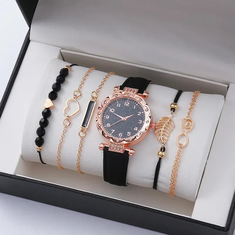 6-Piece Luxury Women’s Watch & Bracelet Set | Leather Quartz Wristwatch Collection