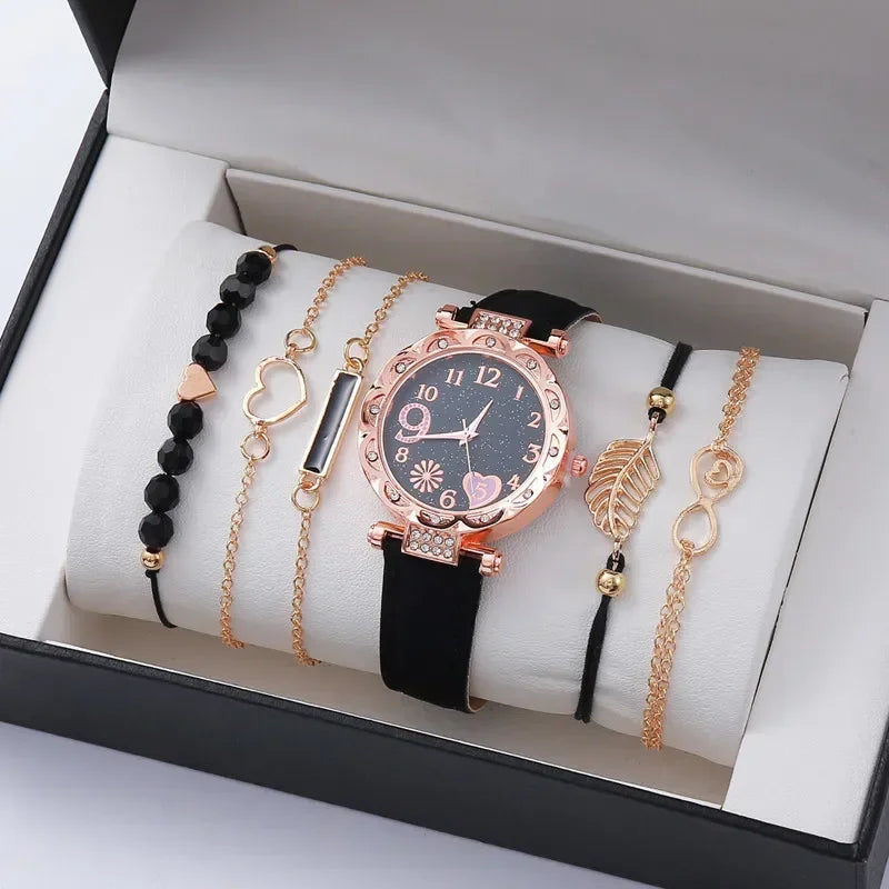 6-Piece Luxury Women’s Watch & Bracelet Set | Leather Quartz Wristwatch Collection