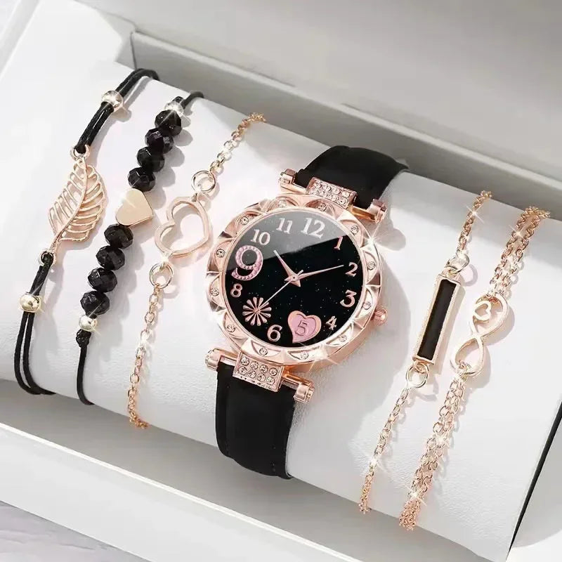 6-Piece Luxury Women’s Watch & Bracelet Set | Leather Quartz Wristwatch Collection
